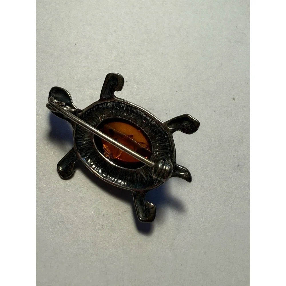 Amber Sterling Silver 925 TURTLE Brooch Pin